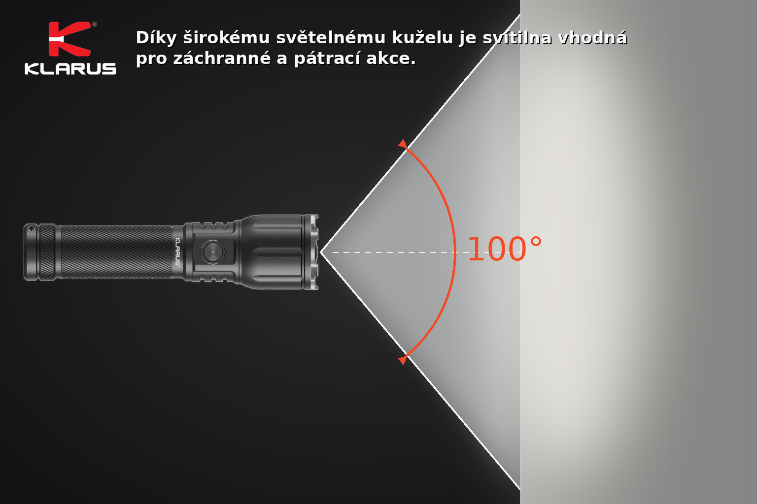 Široký světelný kužel svítilny Klarus A3 s úhlem 100 stupňů